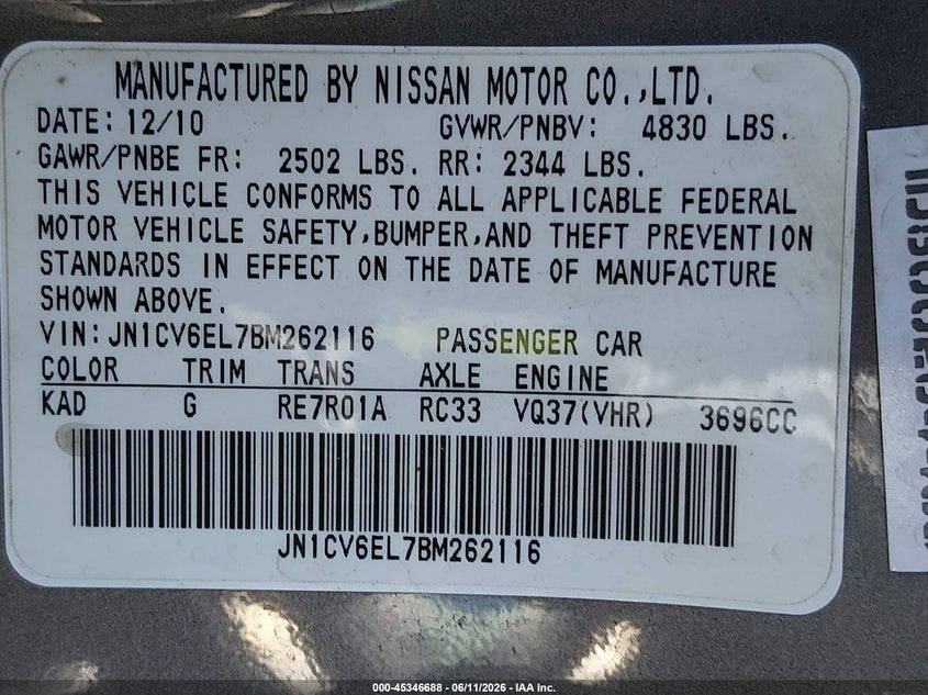 2011 Infiniti G37 VIN JN1CV6EL7BM262116 IAAI salvage auction — FRONT END, Salvage (Texas), sold $5,750 on 2026-07-15 (photo 9)