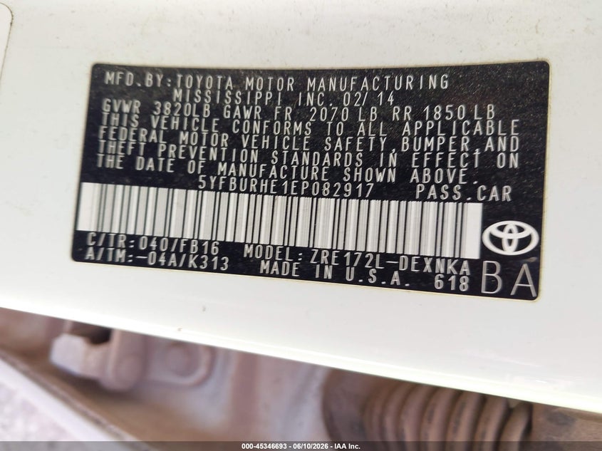 2014 Toyota Corolla VIN 5YFBURHE1EP082917 IAAI salvage auction — RIGHT FRONT, Clear (Oklahoma), sold $1,900 on 2026-08-01 (photo 9)