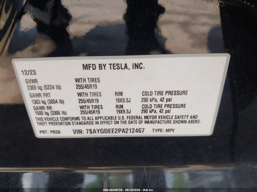 2023 Tesla Model y VIN 7SAYGDEE2PA212467 IAAI salvage auction — LEFT FRONT, Salvage - Greater Than 75% (Maryland), sold $11,000 on 2026-07-11 (photo 9)