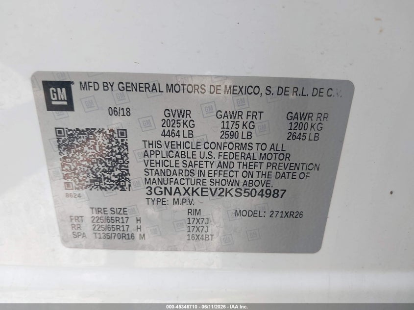2019 Chevrolet Equinox VIN 3GNAXKEV2KS504987 IAAI salvage auction — FRONT END, Clear (Michigan), sold $2,175 on 2026-07-24 (photo 9)