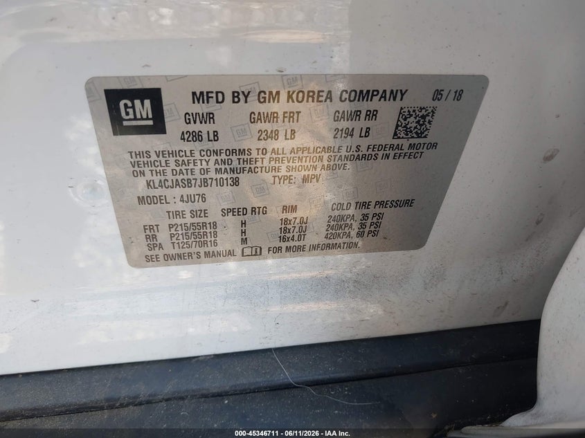 2018 Buick Encore VIN KL4CJASB7JB710138 IAAI salvage auction — RIGHT FRONT, Salvage (South Carolina), sold $400 on 2026-07-28 (photo 9)
