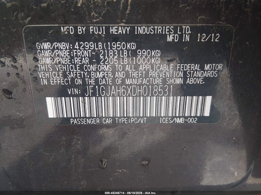 2013 Subaru Impreza VIN JF1GJAH6XDH018531 IAAI salvage auction — RIGHT FRONT, Salvage Title, sold $1,525 on 2026-07-29 (photo 9)