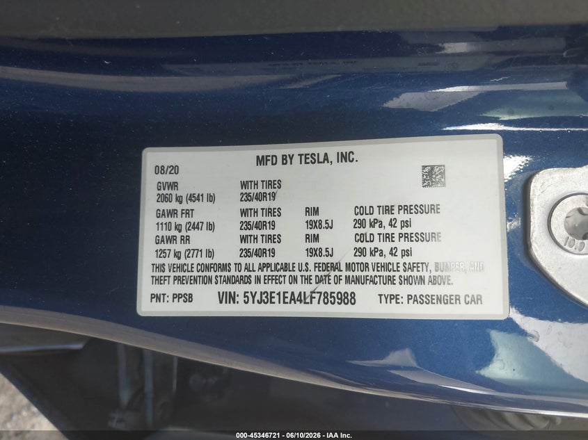 2020 Tesla Model 3 VIN 5YJ3E1EA4LF785988 IAAI salvage auction — FRONT END, Salvage Title, sold $4,450 on 2026-07-31 (photo 9)