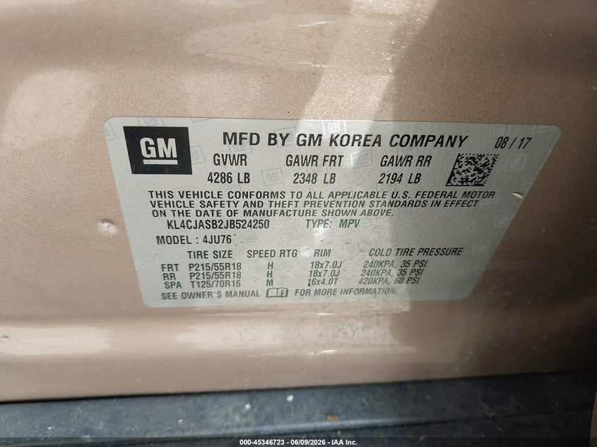 2018 Buick Encore VIN KL4CJASB2JB524250 IAAI salvage auction — REAR END, Salvage (Virginia), sold $1,125 on 2026-07-31 (photo 9)