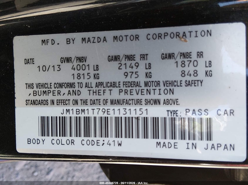 2014 Mazda 3 VIN JM1BM1T79E1131151 IAAI salvage auction — LEFT REAR, Salvage Title, sold $1,450 on 2026-07-22 (photo 9)