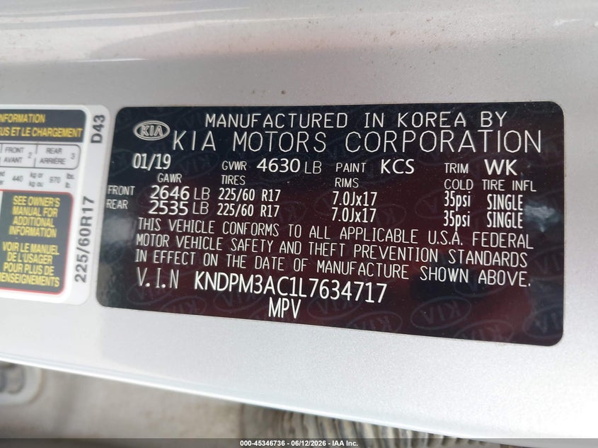 2020 Kia Sportage VIN KNDPM3AC1L7634717 IAAI salvage auction — FRONT END, Salvage (Mississippi), sold $3,050 on 2026-07-22 (photo 9)