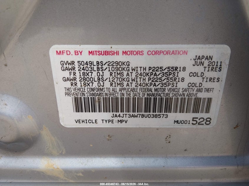 2011 Mitsubishi Outlander VIN JA4JT3AW7BU038573 IAAI salvage auction — FRONT END, Salvage (Tennessee), sold $425 on 2026-07-15 (photo 9)