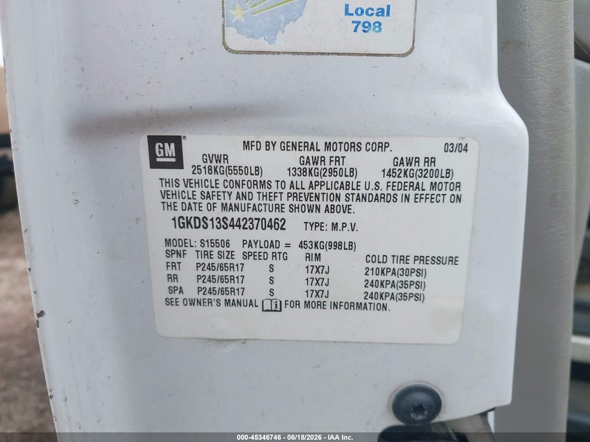 2004 Gmc Envoy VIN 1GKDS13S442370462 IAAI salvage auction — NORMAL WEAR, Clear (Alabama), sold $275 on 2026-07-08 (photo 9)