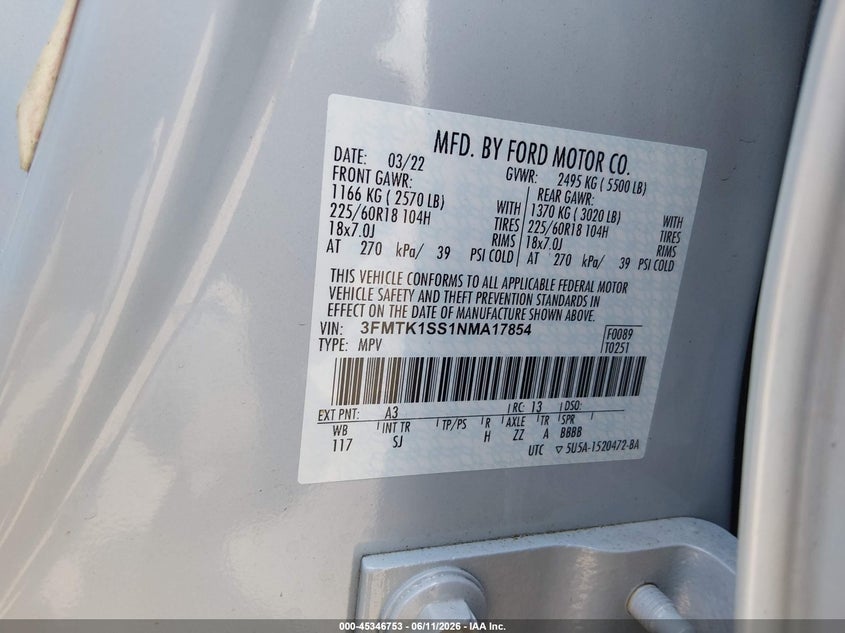 2022 Ford Mustang mach-e VIN 3FMTK1SS1NMA17854 IAAI salvage auction — UNKNOWN, Salvage Title, sold $8,425 on 2026-07-16 (photo 9)