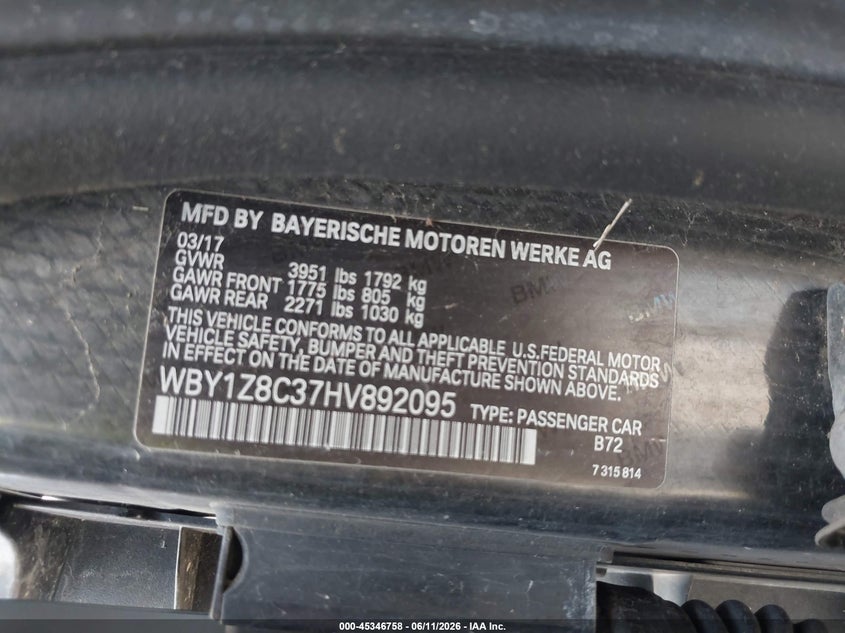 2017 BMW I3 VIN WBY1Z8C37HV892095 IAAI salvage auction — FRONT END, Original (Texas), sold $2,000 on 2026-07-29 (photo 9)