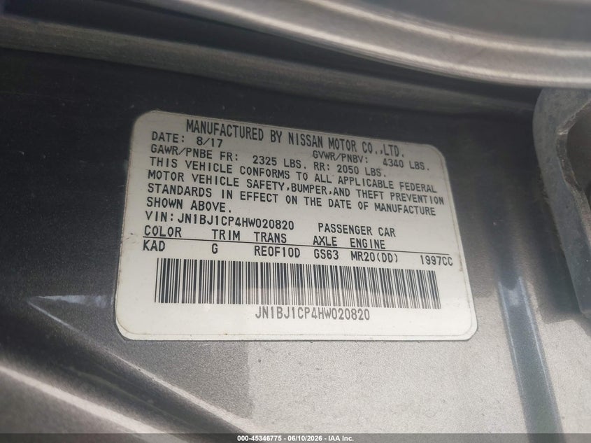2017 Nissan Rogue VIN JN1BJ1CP4HW020820 IAAI salvage auction — NORMAL WEAR, Original (Texas), sold $1,900 on 2026-07-24 (photo 9)
