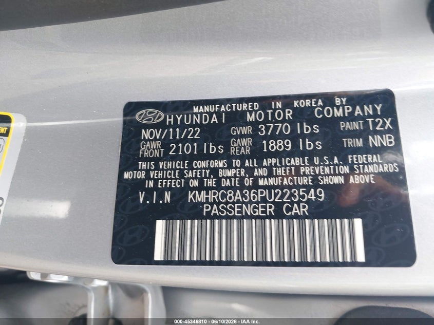 2023 Hyundai Venue VIN KMHRC8A36PU223549 IAAI salvage auction — RIGHT SIDE, Salvage Title, sold $4,400 on 2026-07-28 (photo 9)