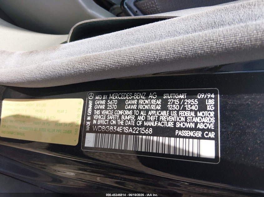1995 Mercedes-benz S class VIN WDBGB34E1SA221568 IAAI salvage auction — LEFT REAR, Bill Of Sale (New York), sold $450 on 2026-07-14 (photo 9)