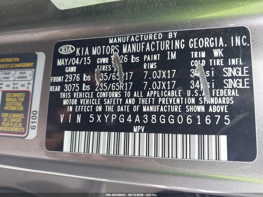 2016 Kia Sorento VIN 5XYPG4A38GG061675 IAAI salvage auction — FRONT END, Salvage (Georgia), sold $1,750 on 2026-07-29 (photo 9)