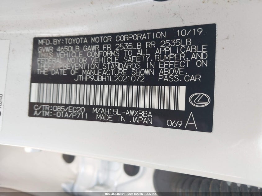 2020 Lexus Ux VIN JTHP9JBH1L2021072 IAAI salvage auction — FRONT END, Salvage (North Carolina), sold $9,050 on 2026-07-20 (photo 9)