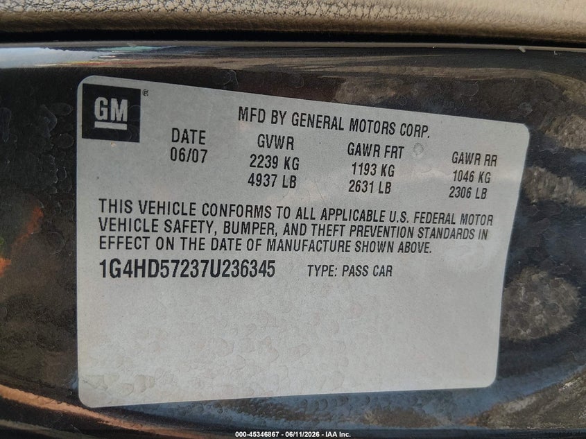 2007 Buick Lucerne VIN 1G4HD57237U236345 IAAI salvage auction — REAR END, Salvage (West Virginia), sold $975 on 2026-07-30 (photo 9)