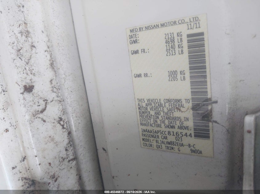 2012 Nissan Maxima VIN 1N4AA5AP5CC816544 IAAI salvage auction — NORMAL WEAR, Dismantler/Coa (Texas), sold $325 on 2026-07-10 (photo 9)