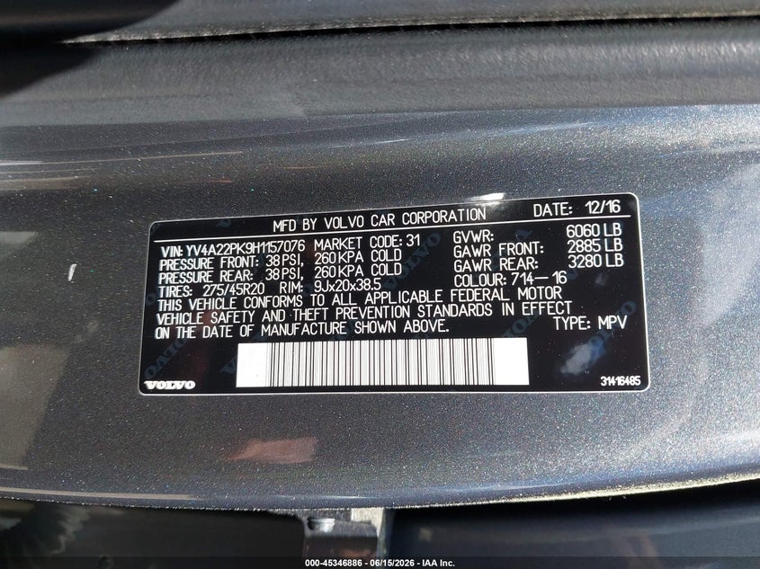 2017 Volvo Xc90 VIN YV4A22PK9H1157076 IAAI salvage auction — ELECTRICAL, Salvage (Massachusetts), sold $3,750 on 2026-07-18 (photo 9)