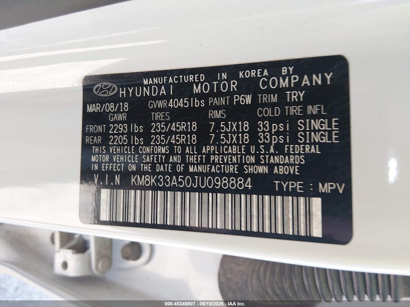 2018 Hyundai Kona VIN KM8K33A50JU098884 IAAI salvage auction — NORMAL WEAR, Clear - Public Restricted (Oklahoma), sold $1,500 on 2026-07-08 (photo 9)