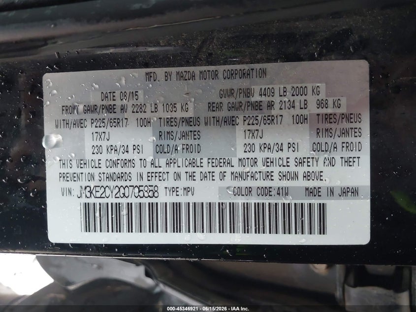 2016 Mazda Cx-5 VIN JM3KE2CY2G0705858 IAAI salvage auction — NORMAL WEAR, Original (Texas), sold $2,475 on 2026-07-06 (photo 9)