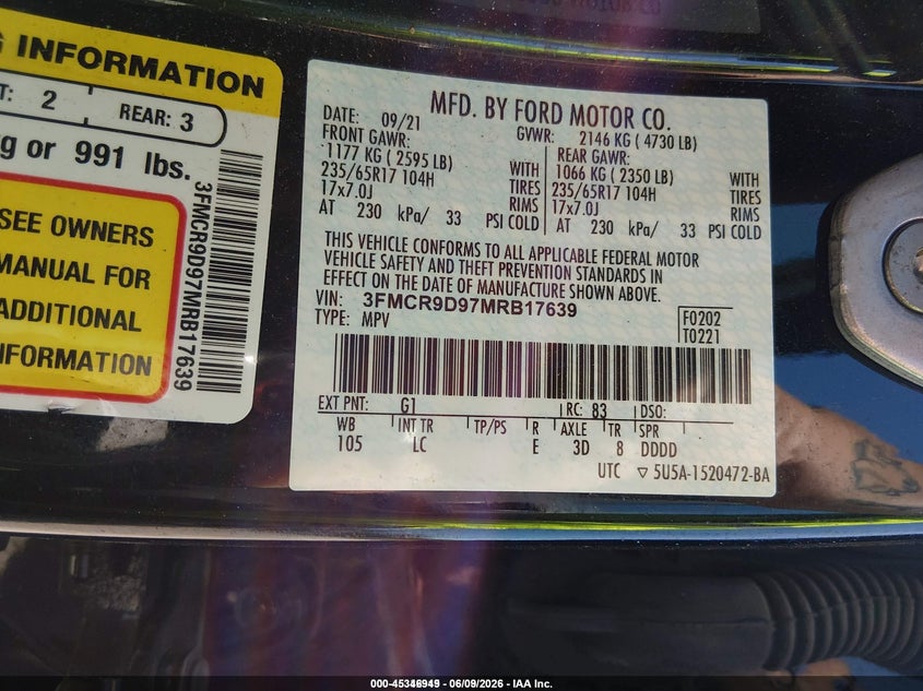 2021 Ford Bronco sport VIN 3FMCR9D97MRB17639 IAAI salvage auction — NORMAL WEAR, Sf97 (New York), sold $14,100 on 2026-08-20 (photo 9)