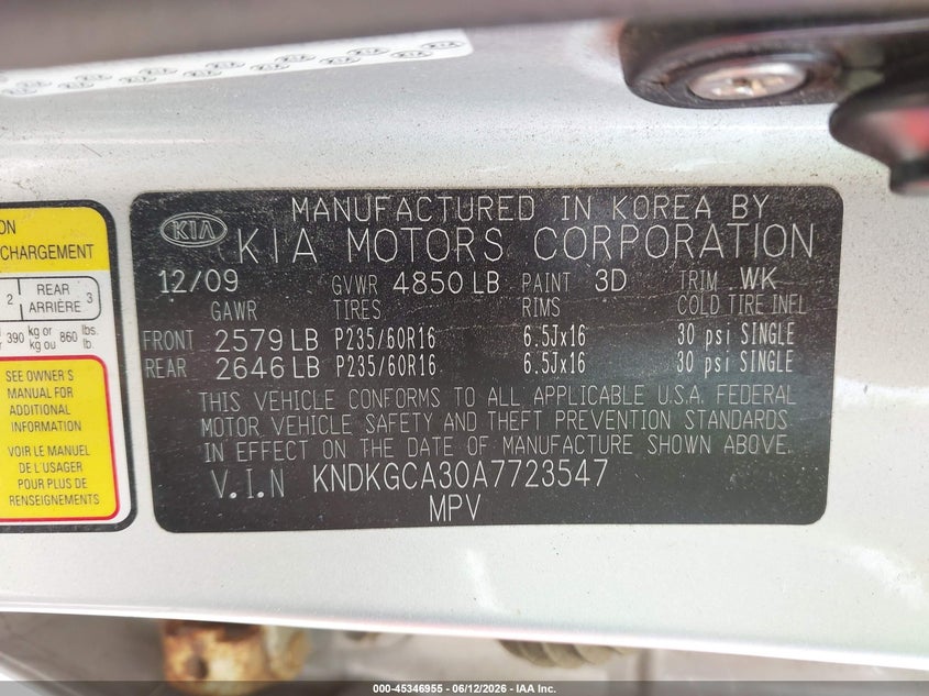 2010 Kia Sportage VIN KNDKGCA30A7723547 IAAI salvage auction — NORMAL WEAR, Original (Maine), sold $325 on 2026-07-27 (photo 9)