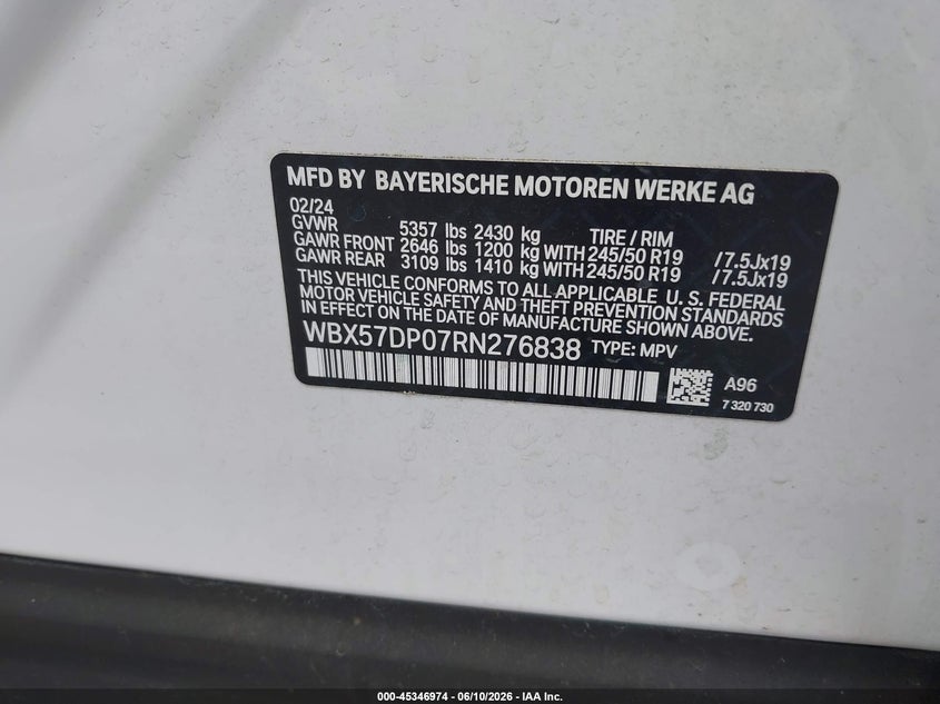 2024 BMW X3 VIN WBX57DP07RN276838 IAAI salvage auction — FRONT END, Salvage Title, sold $12,800 on 2026-07-22 (photo 9)