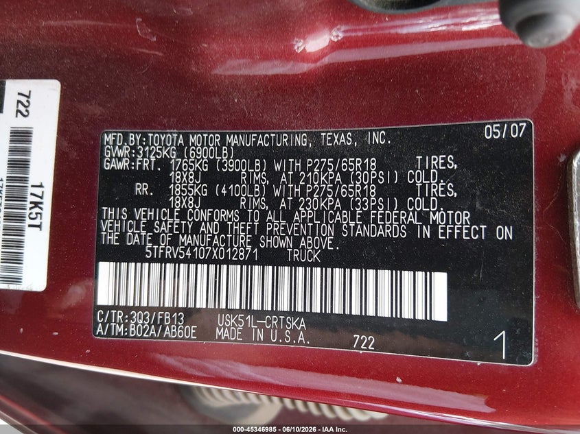 2007 Toyota Tundra VIN 5TFRV54107X012871 IAAI salvage auction — REAR END, Salvage (Kansas), sold $525 on 2026-07-29 (photo 9)