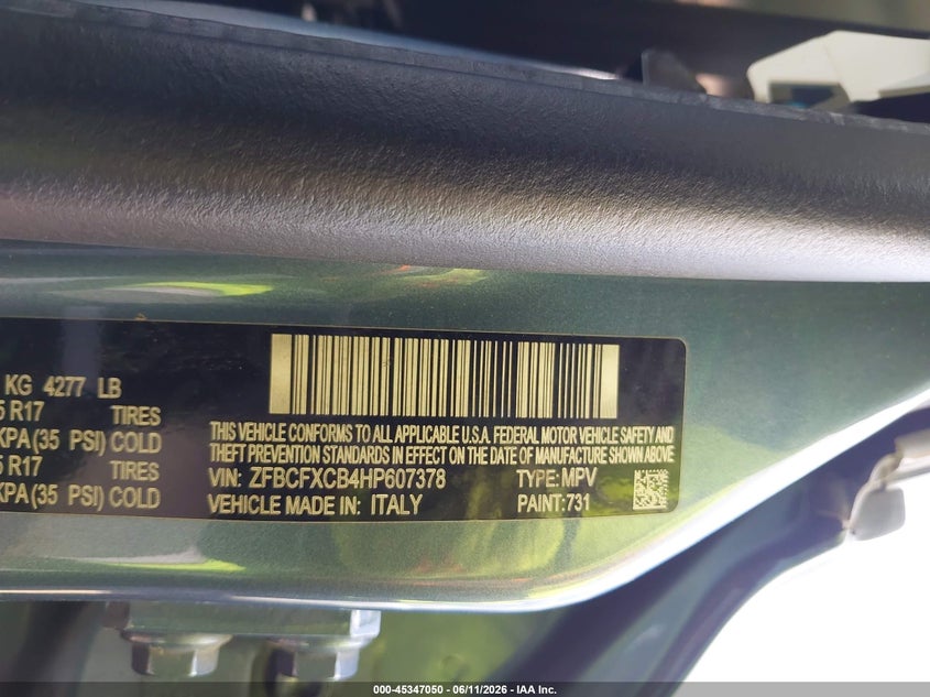 2017 Fiat 500x VIN ZFBCFXCB4HP607378 IAAI salvage auction — REAR END, Salvage (Texas), sold $600 on 2026-08-01 (photo 9)