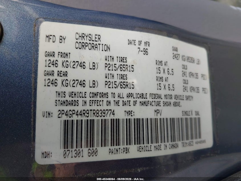 1996 Plymouth Voyager VIN 2P4GP44R9TR839774 IAAI salvage auction — NORMAL WEAR, Clear (North Carolina), sold $200 on 2026-07-16 (photo 9)