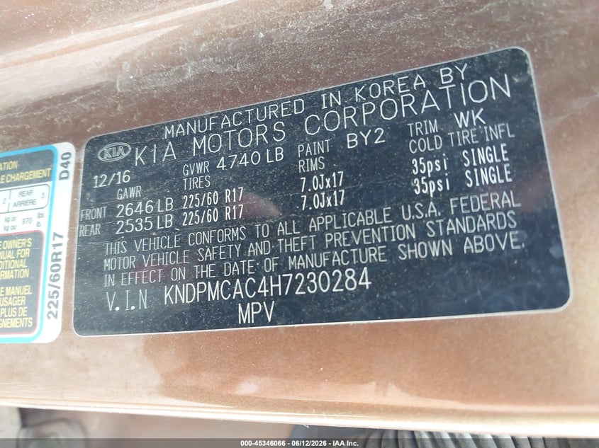 2017 Kia Sportage VIN KNDPMCAC4H7230284 IAAI salvage auction — NORMAL WEAR, Clear (New York), sold $1,200 on 2026-07-08 (photo 9)