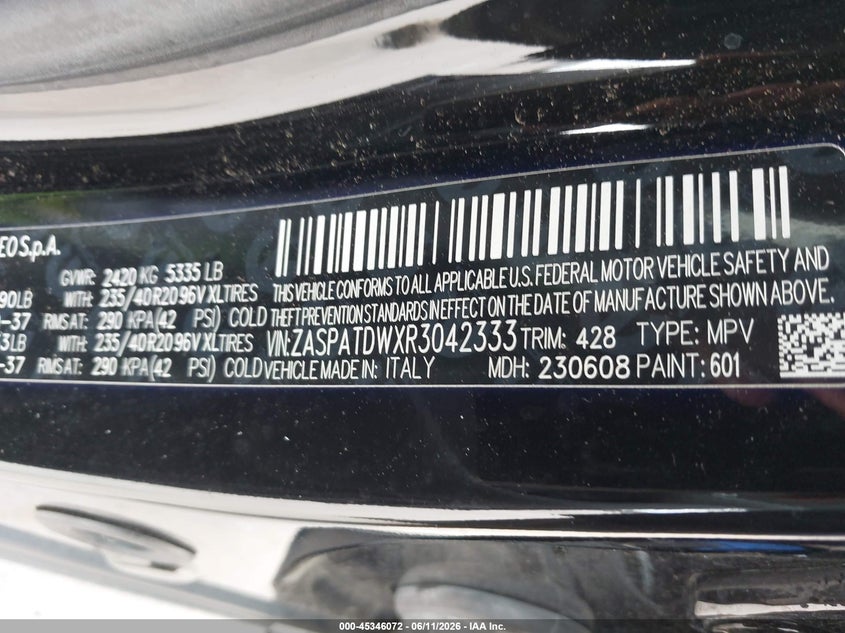 2024 Alfa romeo Tonale VIN ZASPATDWXR3042333 IAAI salvage auction — FRONT END, Original (Texas), sold $12,200 on 2026-08-13 (photo 9)