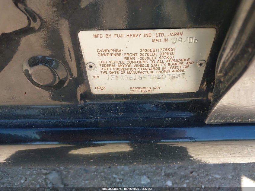 2007 Subaru Impreza VIN JF1GD61697H507537 IAAI salvage auction — NORMAL WEAR, Clear-Endorsement (Wisconsin), sold $325 on 2026-07-14 (photo 9)