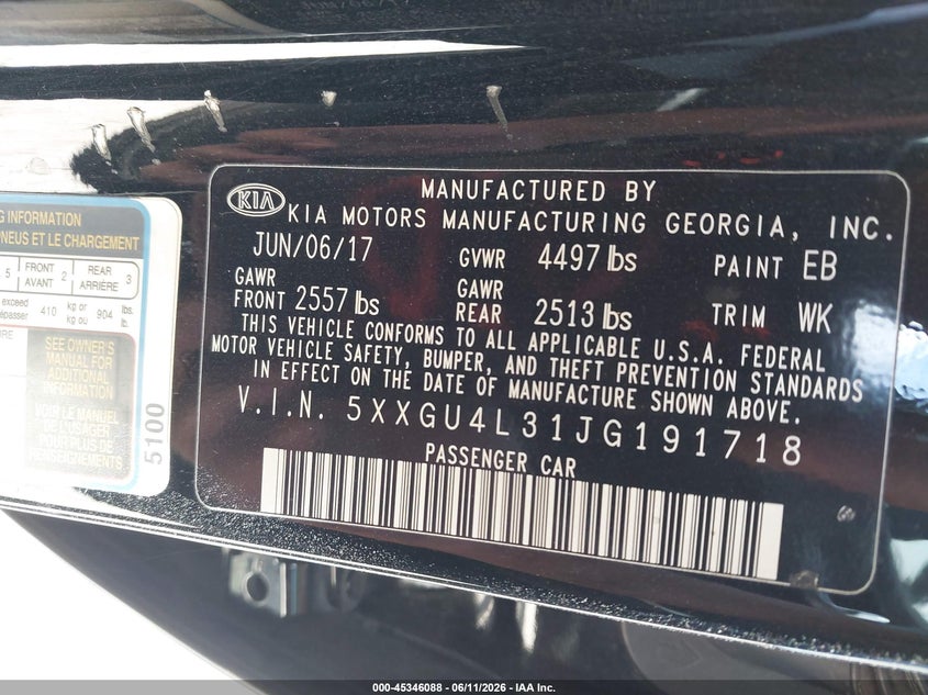 2018 Kia Optima VIN 5XXGU4L31JG191718 IAAI salvage auction — LEFT FRONT, Salvage (Texas), sold $1,500 on 2026-08-01 (photo 9)