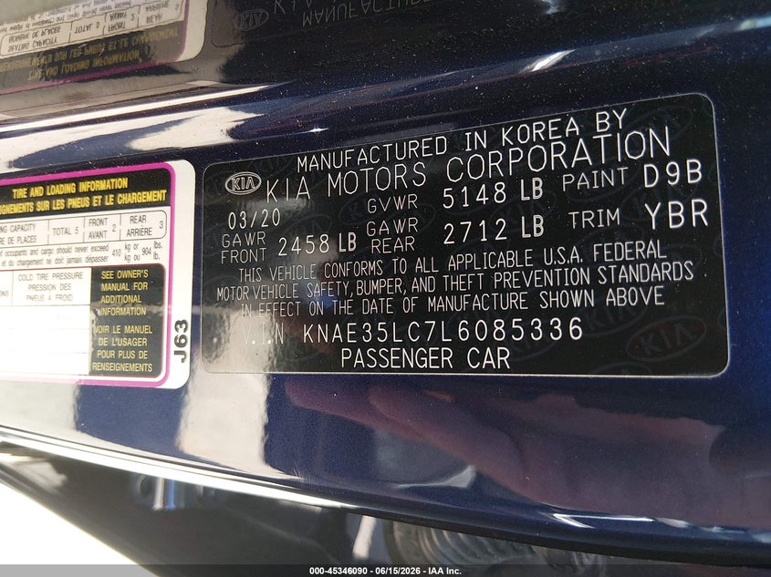 2020 Kia Stinger VIN KNAE35LC7L6085336 IAAI salvage auction — FRONT & REAR, Salvage (North Carolina), sold $3,600 on 2026-07-09 (photo 9)