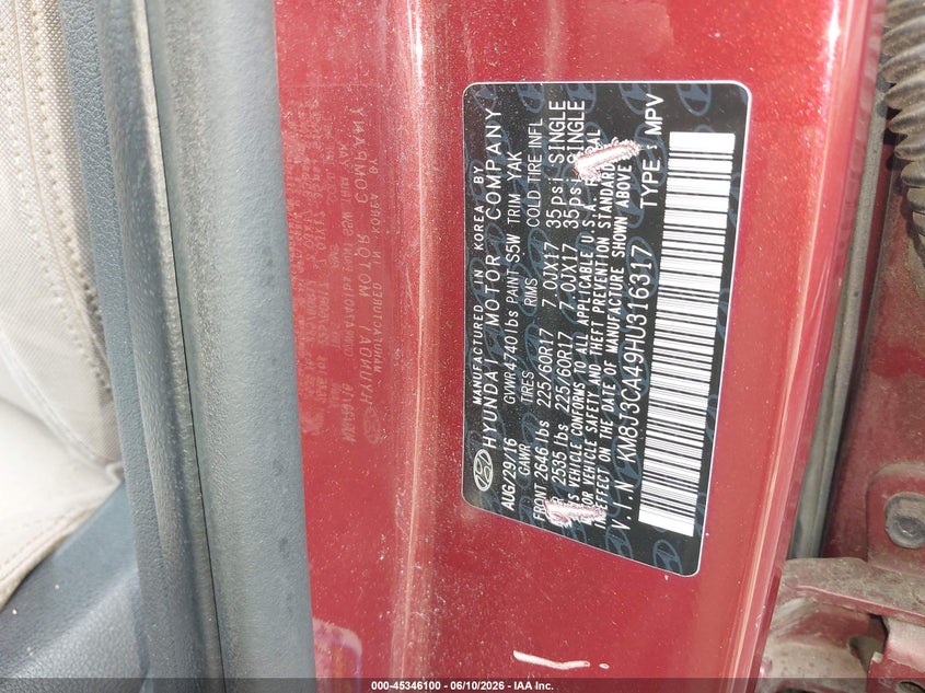 2017 Hyundai Tucson VIN KM8J3CA49HU316317 IAAI salvage auction — FRONT END, Mv-907A (New York), sold $2,600 on 2026-07-15 (photo 9)