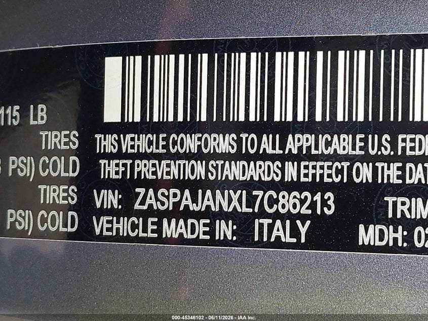 2020 Alfa romeo Stelvio VIN ZASPAJANXL7C86213 IAAI salvage auction — FRONT END, Original (Texas), sold $9,000 on 2026-09-01 (photo 9)