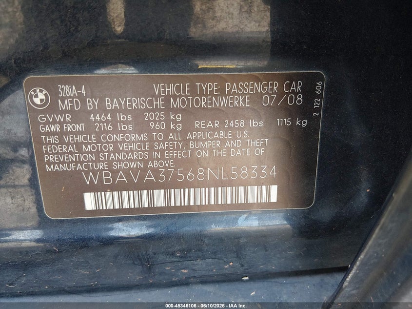 2008 BMW 3 series VIN WBAVA37568NL58334 IAAI salvage auction — FRONT END, Salvage (Georgia), sold $400 on 2026-07-16 (photo 9)