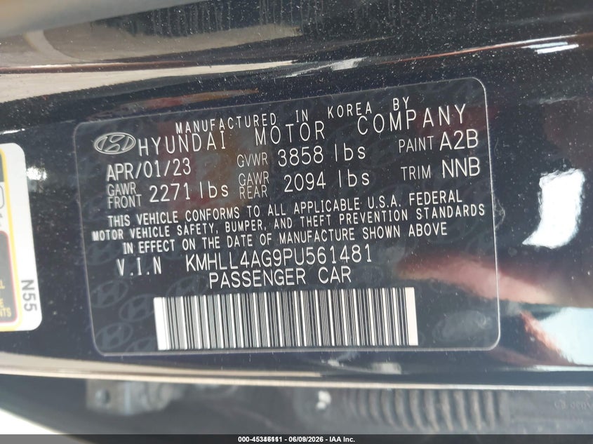 2023 Hyundai Elantra VIN KMHLL4AG9PU561481 IAAI salvage auction — LEFT SIDE, Sf97 (Ohio), sold $6,600 on 2026-07-15 (photo 9)