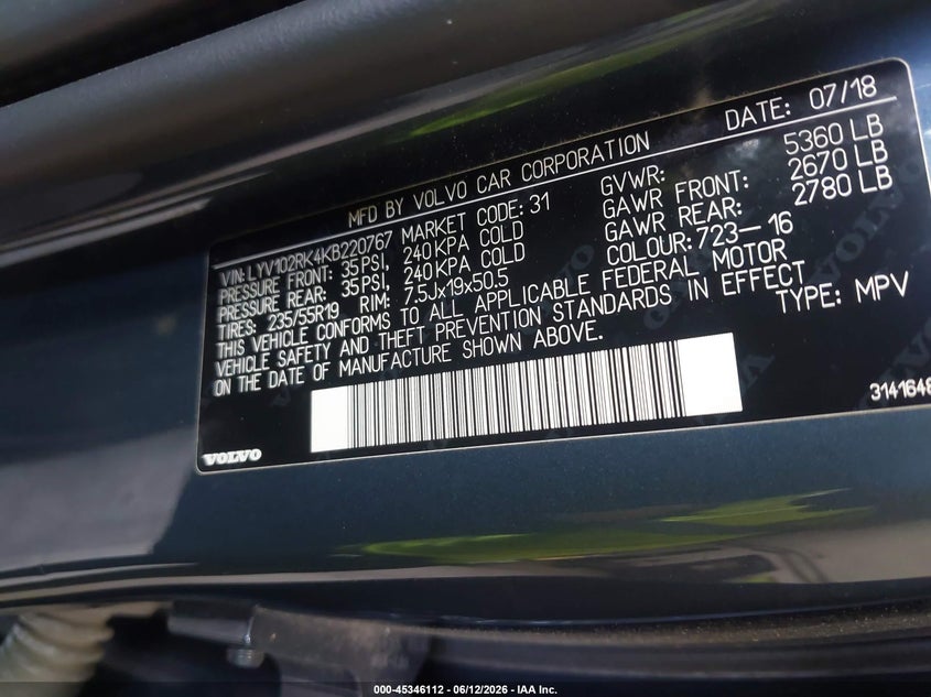 2019 Volvo Xc60 VIN LYV102RK4KB220767 IAAI salvage auction — WATER/FLOOD, Mv-907A (New York), sold $6,300 on 2026-07-29 (photo 9)