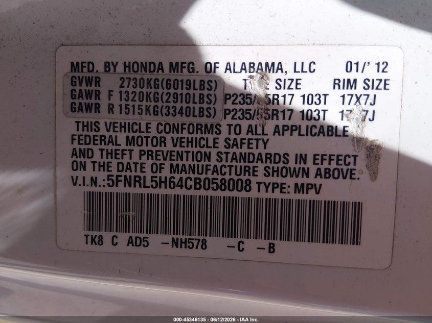 2012 Honda Odyssey VIN 5FNRL5H64CB058008 IAAI salvage auction — NORMAL WEAR, Clear (Missouri), sold $275 on 2026-07-19 (photo 9)