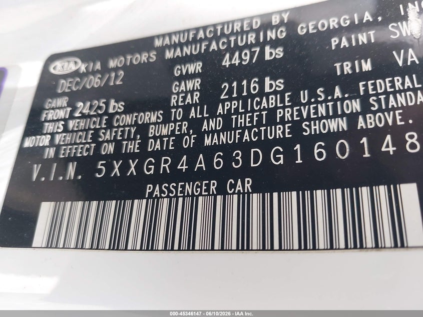 2013 Kia Optima VIN 5XXGR4A63DG160148 IAAI salvage auction — NORMAL WEAR, Clear (Virginia), sold $550 on 2026-07-06 (photo 9)