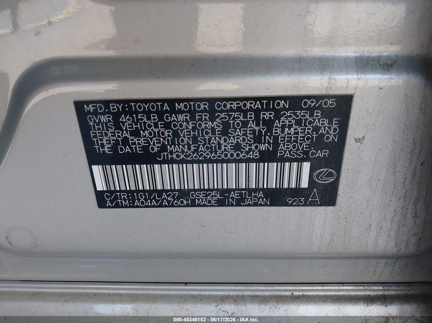 2006 Lexus Is 250 VIN JTHCK262965000648 IAAI salvage auction — FRONT END, Salvage (Connecticut), sold $450 on 2026-07-16 (photo 9)