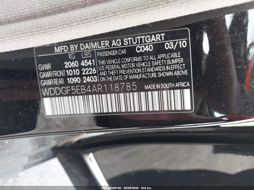 2010 Mercedes-benz C class VIN WDDGF5EB4AR118785 IAAI salvage auction — NORMAL WEAR, Clear (Florida), sold $1,150 on 2026-07-14 (photo 9)