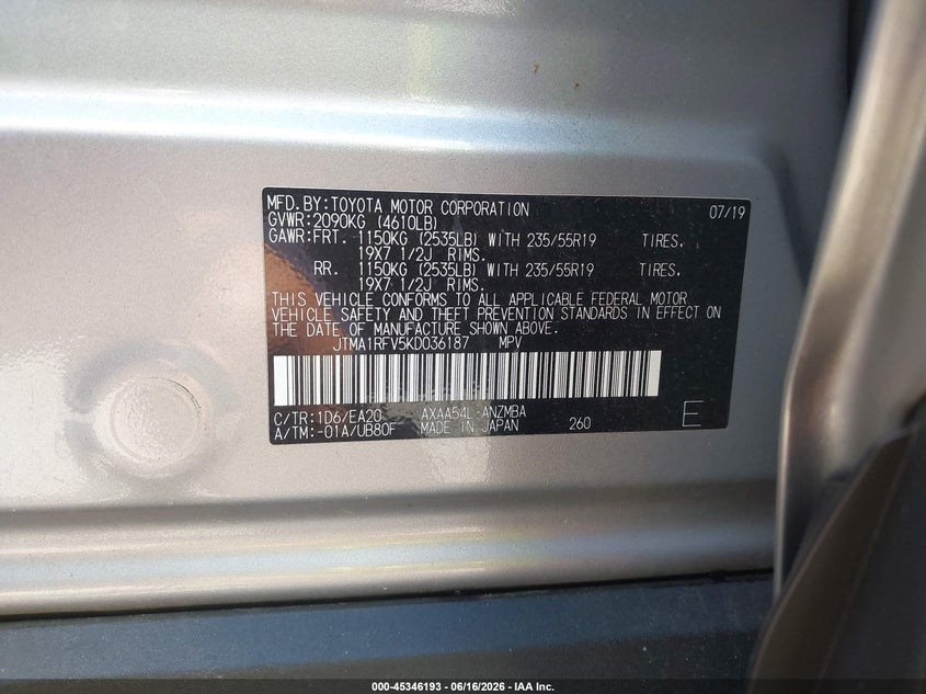 2019 Toyota Rav 4 VIN JTMA1RFV5KD036187 IAAI salvage auction — FRONT END, Salvage (Ohio), sold $11,100 on 2026-07-20 (photo 9)