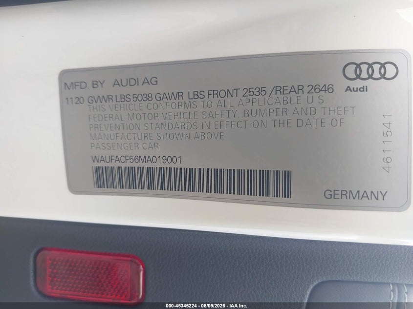 2021 Audi VIN WAUFACF56MA019001 IAAI salvage auction — FRONT END, Repossession Paperwork (Georgia), sold $1,050 on 2026-07-23 (photo 9)
