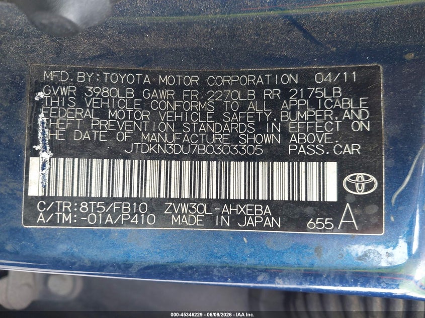 2011 Toyota Prius VIN JTDKN3DU7B0303305 IAAI salvage auction — NORMAL WEAR, Clear (Florida), sold $575 on 2026-07-20 (photo 9)