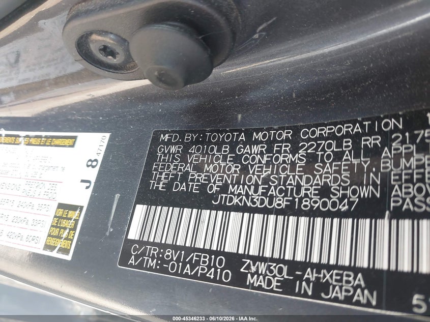 2015 Toyota Prius VIN JTDKN3DU8F1890047 IAAI salvage auction — FRONT END, Salvage Title, sold $975 on 2026-07-14 (photo 9)