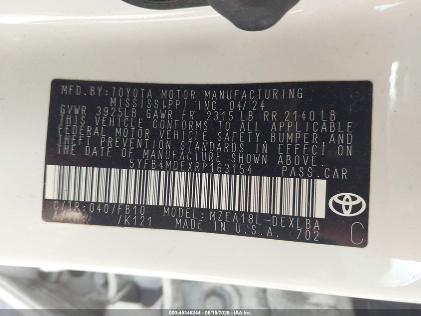 2024 Toyota Corolla VIN 5YFB4MDEXRP163154 IAAI salvage auction — SIDE, Salvage - 75% Or Less (Maryland), sold $3,750 on 2026-07-28 (photo 9)