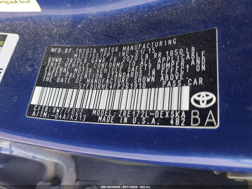 2015 Toyota Corolla VIN 5YFBURHE4FP261910 IAAI salvage auction — ENGINE DAMAGE, Salvage (Texas), sold $2,050 on 2026-07-29 (photo 9)
